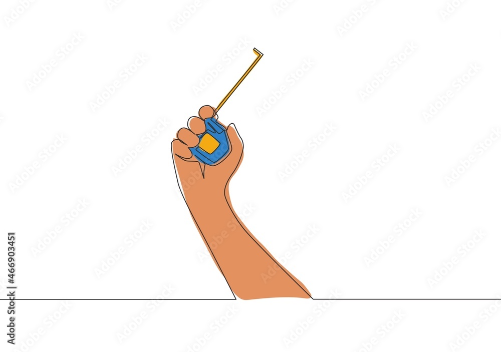 Aufkleber one single line drawing of man holding measuring tape. handyman tools concept. continuous line draw 