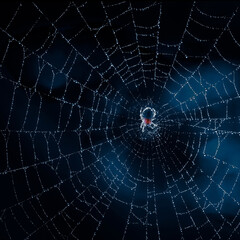 Cross spider on a web with dew drops. Cobweb with drops of rain pattern in blue light. Cobweb net texture with morning rain bokeh. Partial blur view lines, spider web necklace.