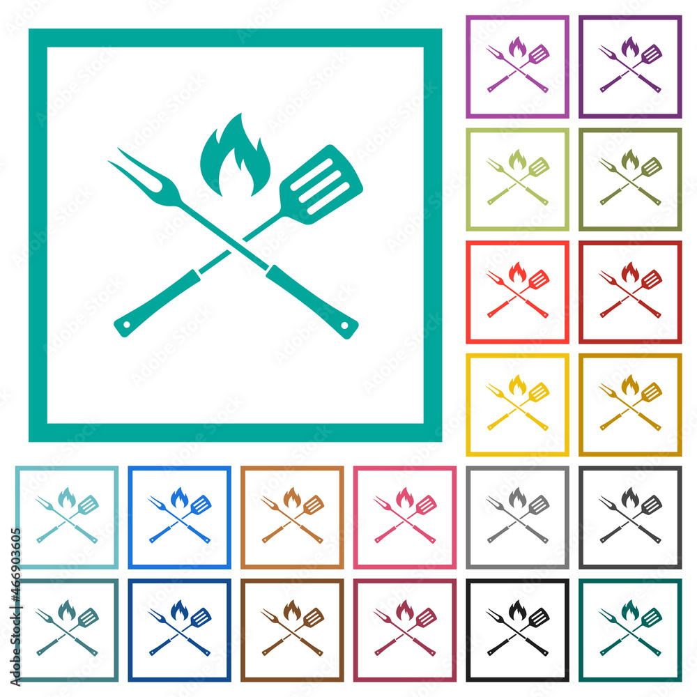 Poster barbecue fork and spatula with flame flat color icons with quadrant frames