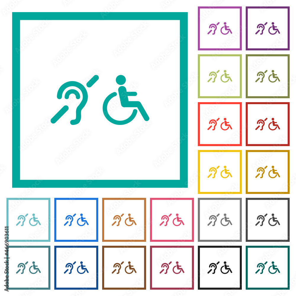 Poster hearing impaired and wheelchair symbols flat color icons with quadrant frames