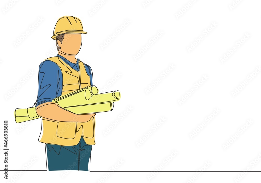 Poster single continuous line drawing of young attractive architecture holding building sketch design bluep