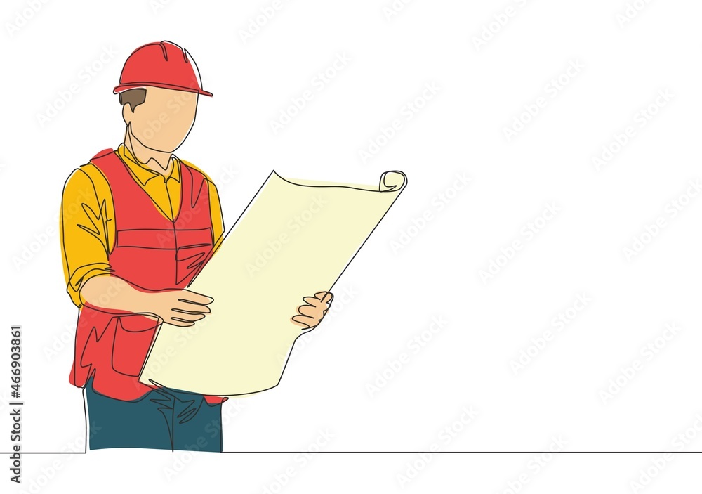 Poster single continuous line drawing of young attractive architect checking sketch building architecture b