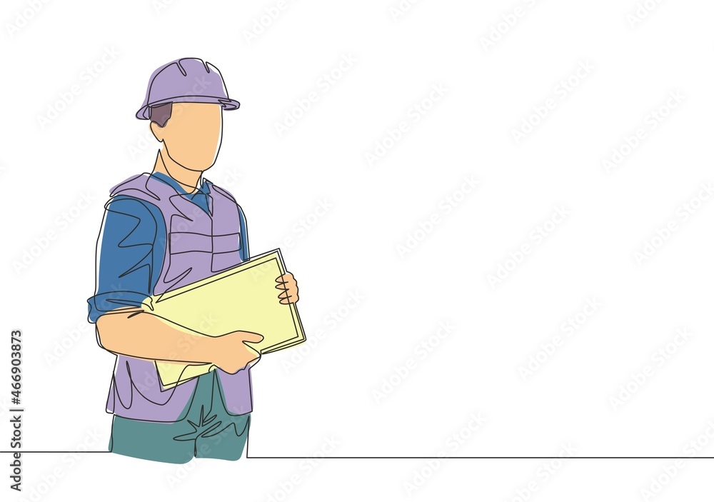 Poster single continuous line drawing of young attractive foreman controlling building development progress