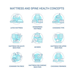 Fototapeta na wymiar Mattress and spine health blue concept icons set. Back and neck pain relief idea thin line color illustrations. Mattress types and materials. Vector isolated outline drawings. Editable stroke
