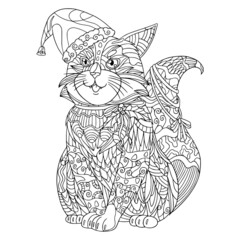 Kitty in santa hat portrait for winter holidays. Coloring book page for adult with doodle and zentangle elements. Vector hand drawn isolated.
