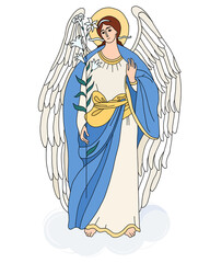 Heavenly messenger - Archangel Gabriel with lily. Vector illustration. Religious concept for Catholic and Orthodox communities. Angel of Revelation, St. Archangels Gabriel of and Annunciation