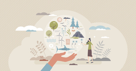 Biodiversity in nature as environment variety protection tiny person concept. Saving wildlife ecosystem with resources recycling, alternative energy or endangered species awareness vector illustration