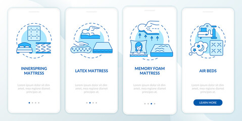 Common mattress types blue onboarding mobile app page screen. Comfortable bedding walkthrough 4 steps graphic instructions with concepts. UI, UX, GUI vector template with linear color illustrations
