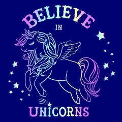 cute unicorn print. t shirt design with original  holographic calligraphic text .Kids magic slogan, for clothes, banner, girls, women, child. hand written text Believe in unicorn