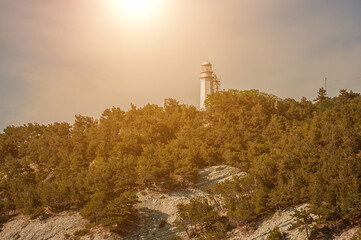 Fototapeta na wymiar Dobsky Lighthouse in Kabardinka, Russia. Black sea coast.