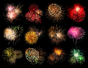 Beautiful bright fireworks on black background, collage