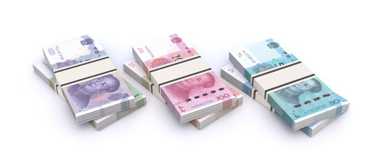 Fototapeta premium Chinese Yuan renminbi banknotes isolated on white background. China economy concept. 3d illustration