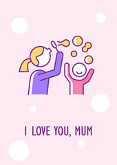 I love you mum greeting card with color icon element. Wishes for celebrating mothers day. Postcard vector design. Decorative flyer with creative illustration. Notecard with congratulatory message