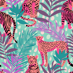 Seamless pattern with African animals. Leopard and tiger around exotic tropical leaves. Abstract dotted background. Wildlife jungle background in trendy flat style.