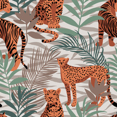 Seamless pattern with African animals. Leopard and tiger around exotic tropical leaves on decorative zebra striped skin background. Wildlife jungle background in trendy flat style.