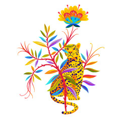 Tropical illustration with exotic animal. Artwork made of leopard and abstract fantasy blossom flower isolated on white. Nature wildlife drawing for background, poster, postcard, placard, t-shirt.
