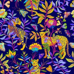 Bright colorful tropical seamless pattern with exotic animals. Leopard and tiger with abstract fantasy flowers and plants. Nature jungle pattern. Vintage classic style.