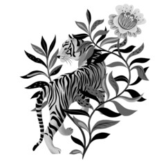 Tropical illustration with exotic animal isolated on white. Artwork made of tiger and abstract fantasy blossom flower. Black and white nature wildlife drawing.