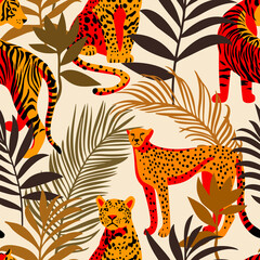 Bright colorful tropical seamless pattern with exotic animals. Leopard and tiger with abstract fantasy flowers and plants. Nature jungle pattern. Vintage classic style.