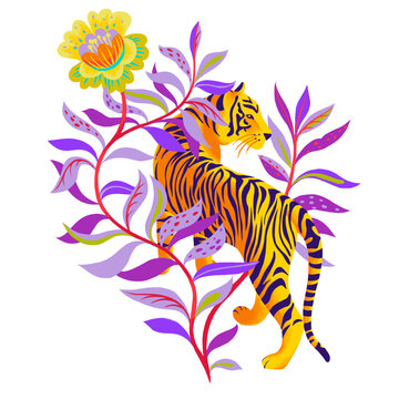 Tropical illustration with exotic animal. Artwork made of tiger and abstract fantasy blossom flower isolated on white. Nature wildlife drawing for background, poster, postcard, placard, t-shirt.