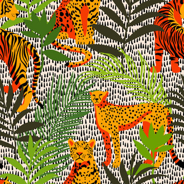 Bright colorful tropical seamless pattern with exotic african animals. Leopard and tiger with abstract fantasy flowers and plants. Nature jungle pattern with simple geometric dashed lines texture.