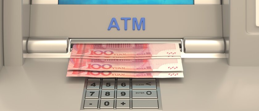ATM machine and Chinese yuan. Withdrawing China banknotes. Cash, banking concept. 3d illustration