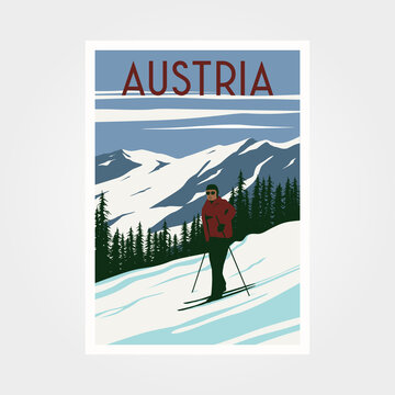 austria ski resort vintage poster travel illustration design