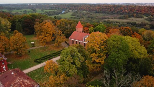 A beautiful aerial view of Raudondvaris manor in Lithuania near Kaunas