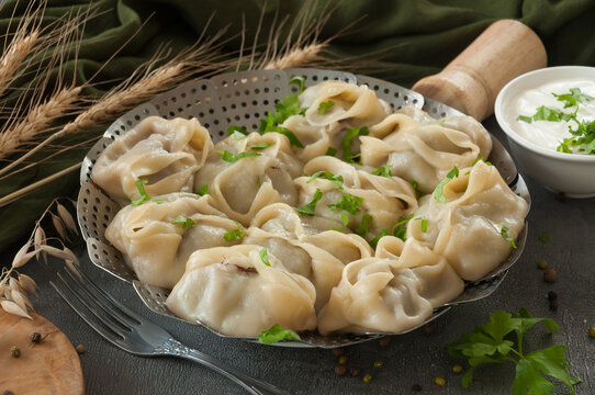 manti or manty traditional oriental steamed dish with beef