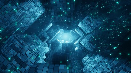 Endless flight in a futuristic dark corridor with neon lighting. Bright neon squares ahead. 3d render