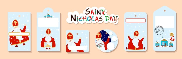 Bright festive paper price tags or gift tags of various shapes. Set of stickers for the day of St. Nicholas. St. Nicholas Day, Mikulas, Sinterklaas Eve. Gift tags