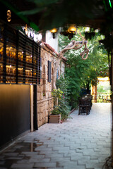 outdoor cafe exterior with tables, trees and beautiful decor in summer on a warm day