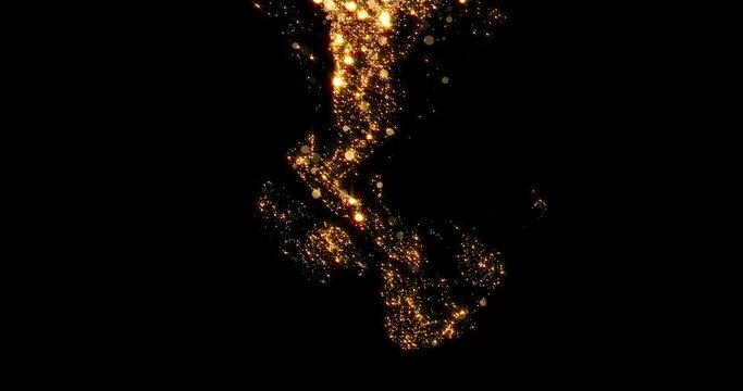 Gold flow particles or smoke and dust spray effect, golden glitter background. Magic light of sparkling fluid or fragrance glitter glow with shiny flares