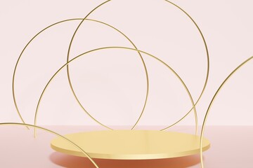 3d render of golden podium with golden rings on a pastel pink background