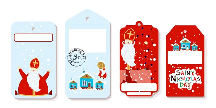 Bright festive paper price tags or gift tags of various shapes. Set of stickers for the day of St. Nicholas. St. Nicholas Day, Mikulas, Sinterklaas Eve. Gift tags