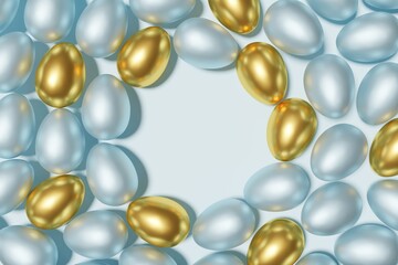 3d render of blue and gold easter egg wreath on a sky blue background