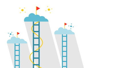 Stairs business step to red flag goal success on blue cloud with copy space flat vector design.