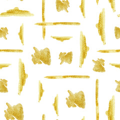 Golden pattern for hand drawn watercolor splash, spray, blot texture. Bright background for christmas wrapping paper, scrapbook paper, branding and more