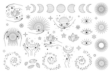 Magical space objects, planets, stars with female hands and faces vector illustration set. Collection of Mystical and Astrology objects. Mystical signs, silhouettes