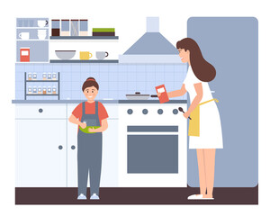 Happy family cooks pancakes in the kitchen. Mom, dad, son and daughter are cooking together. Mother and kids cooking at kitchen, couple or family staying together comfort, safety.