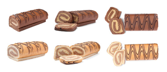 Set with different tasty cake rolls on white background. Banner design