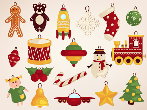 Christmas decorative toys. Big Christmas collection in vintage style with traditional Christmas and New Year elements