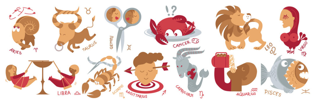 Funny zodiac signs. Set of twelve humorous horoscope symbols. Flat style sketch vector illustration on white background