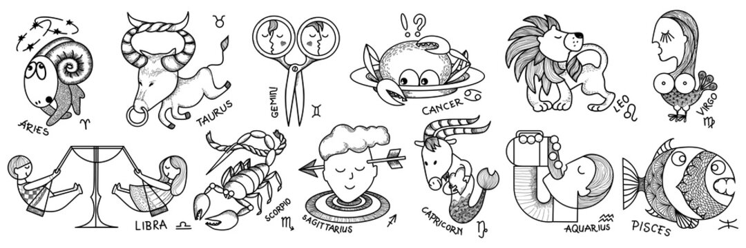 Funny zodiac signs. Comic set of twelve horoscope symbols. Line art sketch vector illustration on white background