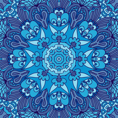 Medallion mandala vector blue pattern with arabesques and floral elements.