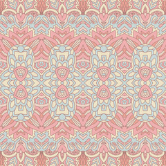 Pastel colors asian tribal seamless pattern fort fabric. Bohemian nomadic style doodle handdrawn arts.