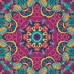 Fototapeta na wymiar Vector seamless pattern ethnic boho art mandala. Doodle design with colorful ornament.