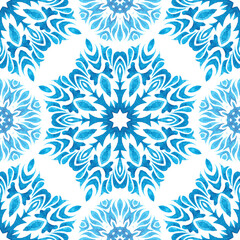 Blue seamless ornamental watercolor pattern hand drawn snowflake