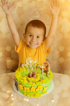 Little boy with beautiful birthday cake with dinosaurs. Translation: Vlad is 4.