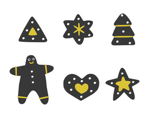Vector flat hand drawn Christmas illustration. Black gingerbread cookies (man, star, tree, snowflake, heart) with yellow elements. Simplified minimalistic shape, Scandinavian style